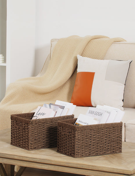 Rectangular Woven Wicker Basket with Built-in Handles, Paper Rope, 2 Pack