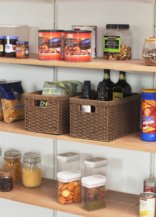 Rectangular Woven Wicker Basket with Built-in Handles, Paper Rope, 2 Pack