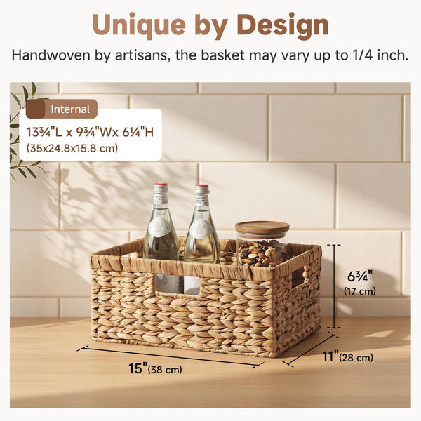Large Rectangular Wicker Basket with Built-in Handles, Water Hyacinth, 1 Pack