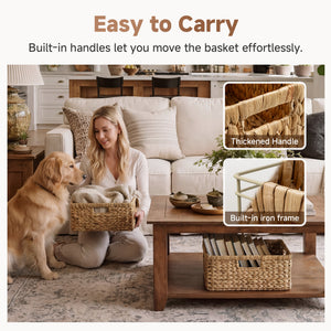Large Rectangular Wicker Basket with Built-in Handles, Water Hyacinth, 1 Pack