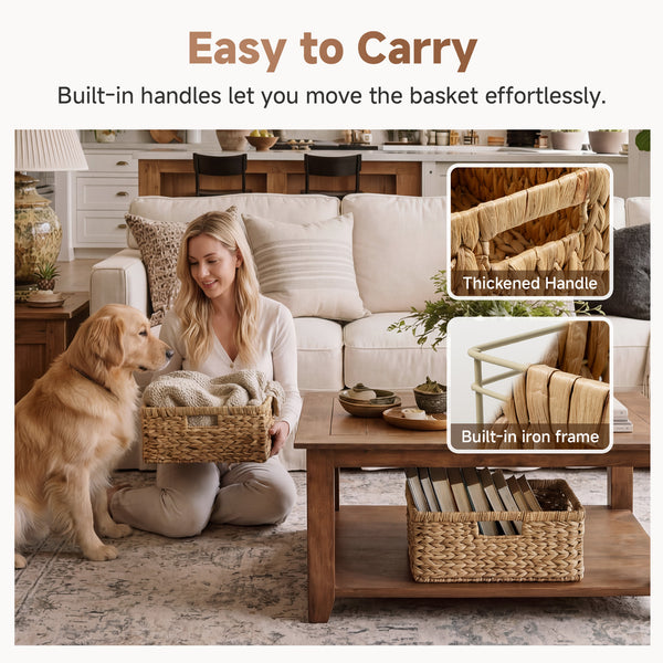 Large Rectangular Wicker Basket with Built-in Handles, Water Hyacinth, 1 Pack