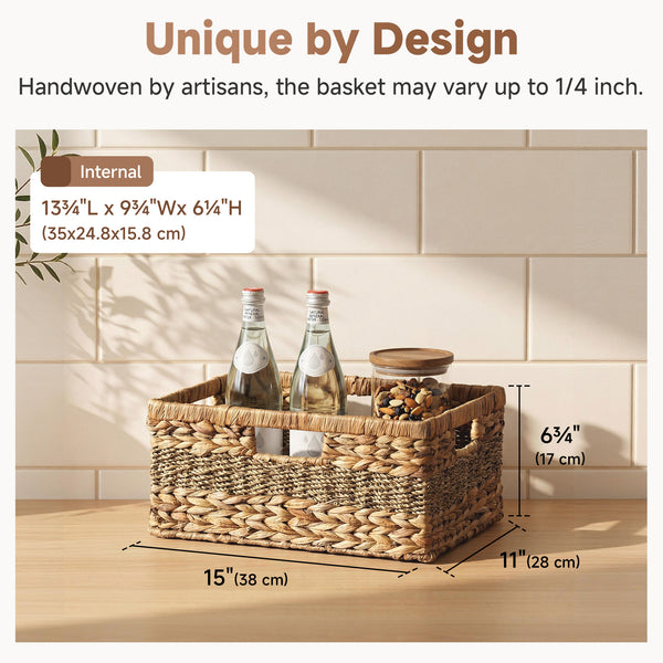 Large Rectangular Wicker Basket with Built-in Handles, Water Hyacinth, 1 Pack