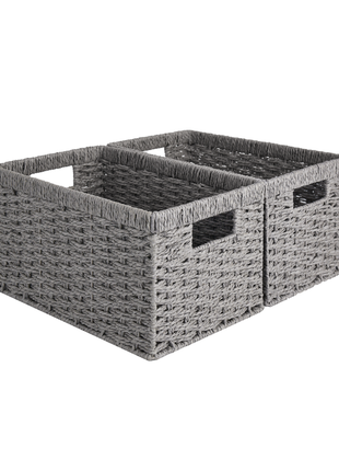 Rectangular Woven Wicker Basket with Built-in Handles, Paper Rope, 2 Pack