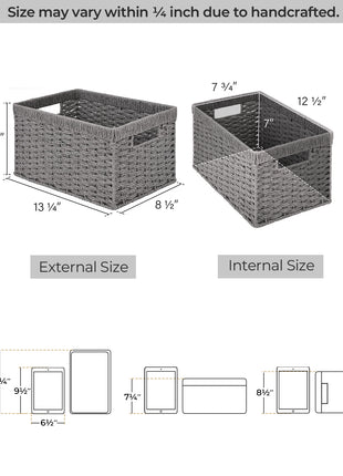 Rectangular Woven Wicker Basket with Built-in Handles, Paper Rope, 2 Pack
