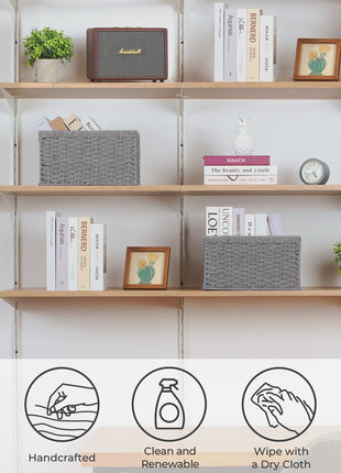 Rectangular Woven Wicker Basket with Built-in Handles, Paper Rope, 2 Pack