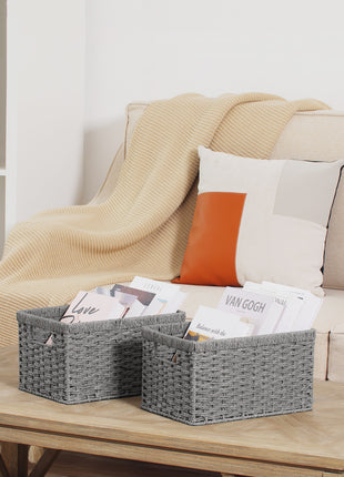 Rectangular Woven Wicker Basket with Built-in Handles, Paper Rope, 2 Pack