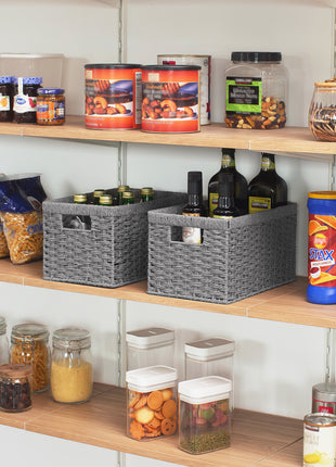 Rectangular Woven Wicker Basket with Built-in Handles, Paper Rope, 2 Pack