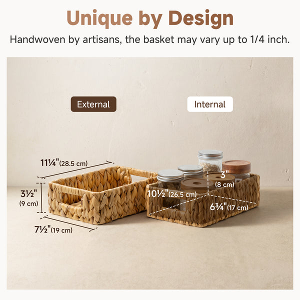 Rectangular Water Hyacinth Basket with Built-in Handles, Small, 2 Pack