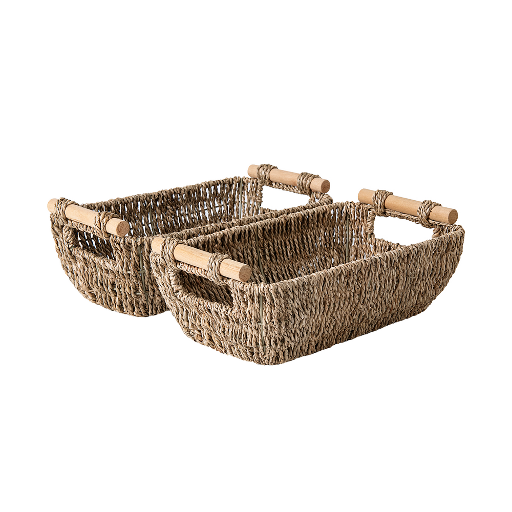 Woven Seagrass Basket with Wooden Handles, 2 Pack
