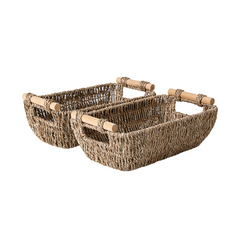 Woven seagrass baskets with wooden handles, set of two; ideal storage solution, natural texture.