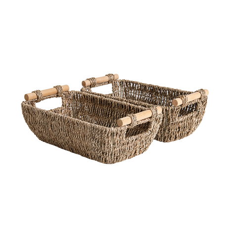 Woven Wicker Basket with Wooden Handles for Organizing, Natural Material, 2 Pack