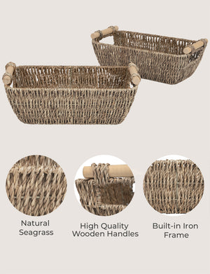Woven Seagrass Basket with Wooden Handles, 2 Pack