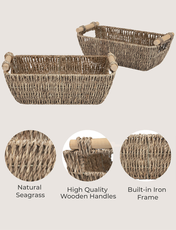 Woven Seagrass Basket with Wooden Handles, 2 Pack