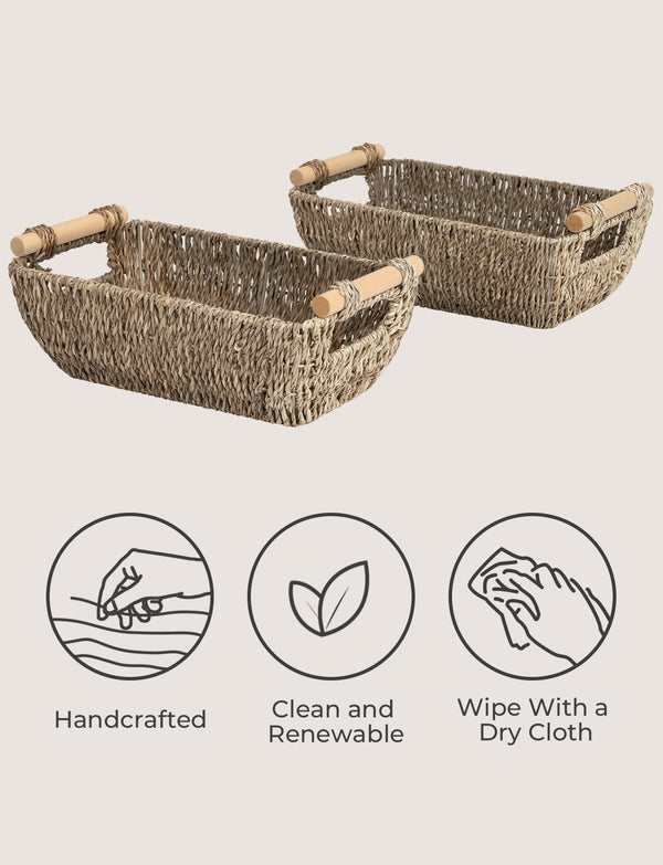 Woven Seagrass Basket with Wooden Handles, 2 Pack