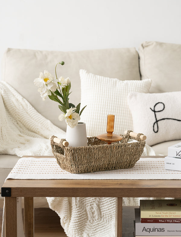 Woven Seagrass Basket with Wooden Handles, 2 Pack