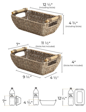 Woven Seagrass Basket with Wooden Handles, 2 Pack