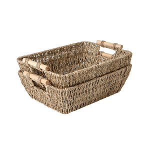 Woven Seagrass Basket with Wooden Handles, 2 Pack