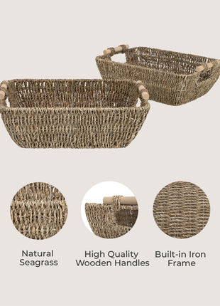 Wicker Basket for Organizing, Basket with Wooden Handles, 2 Pack