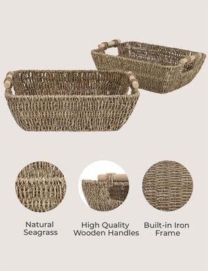 Woven Seagrass Basket with Wooden Handles, 2 Pack