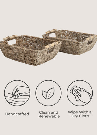 Wicker Basket for Organizing, Basket with Wooden Handles, 2 Pack