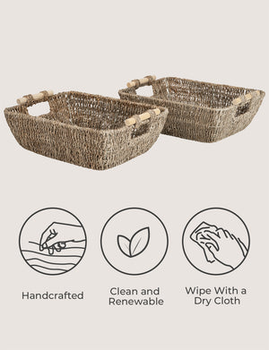 Woven Seagrass Basket with Wooden Handles, 2 Pack