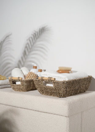 Wicker Basket for Organizing, Basket with Wooden Handles, 2 Pack