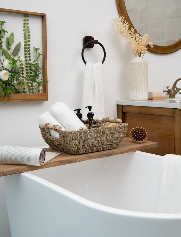 Woven Seagrass Basket with Wooden Handles, 2 Pack