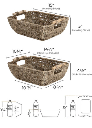 Wicker Basket for Organizing, Basket with Wooden Handles, 2 Pack