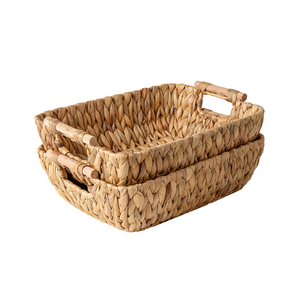 Woven Water Hyacinth Basket with Wooden Handles, 2 Pack
