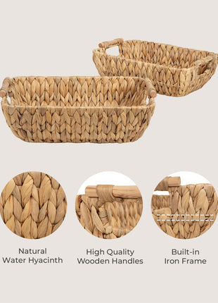 Wicker Basket for Organizing, Basket with Wooden Handles, 2 Pack