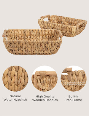 Woven Water Hyacinth Basket with Wooden Handles, 2 Pack