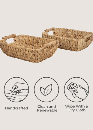 Wicker Basket for Organizing, Basket with Wooden Handles, 2 Pack