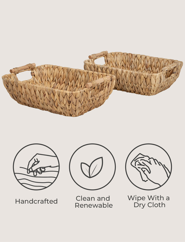 Woven Water Hyacinth Basket with Wooden Handles, 2 Pack