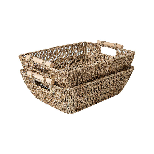 Woven Seagrass Basket with Wooden Handles, 2 Pack