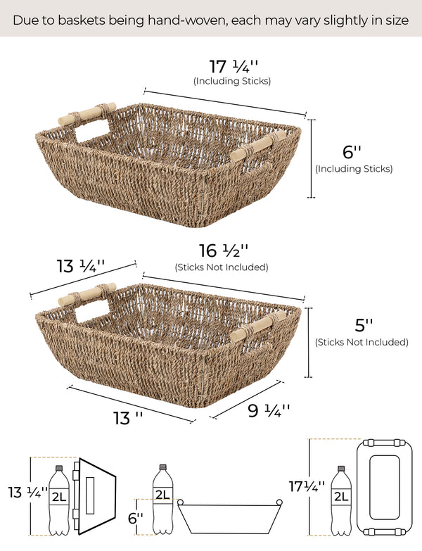 Woven Seagrass Basket with Wooden Handles, 2 Pack