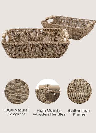 Wicker Basket for Organizing, Basket with Wooden Handles, 2 Pack