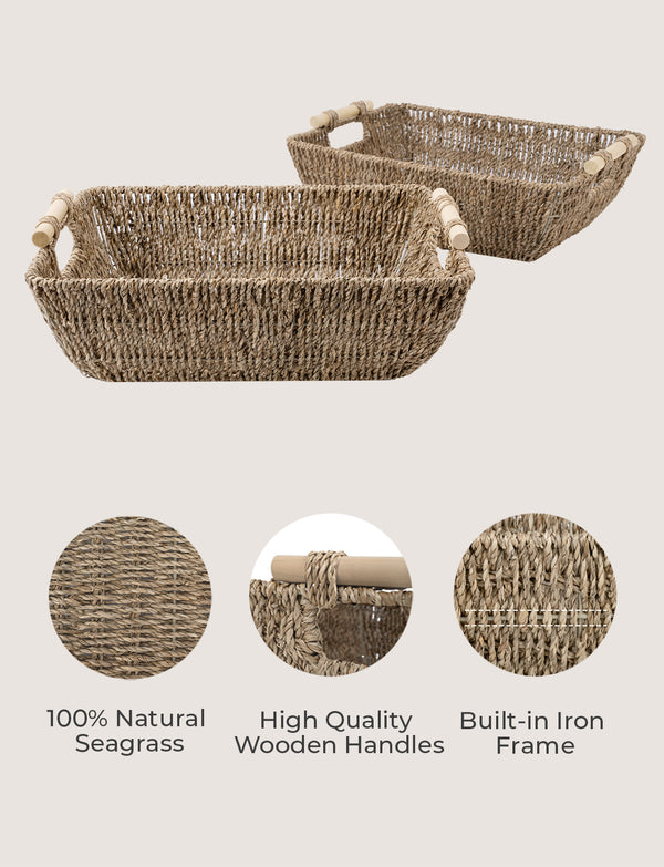 Woven Seagrass Basket with Wooden Handles, 2 Pack
