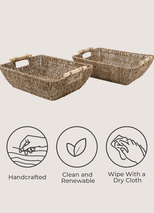 Wicker Basket for Organizing, Basket with Wooden Handles, 2 Pack