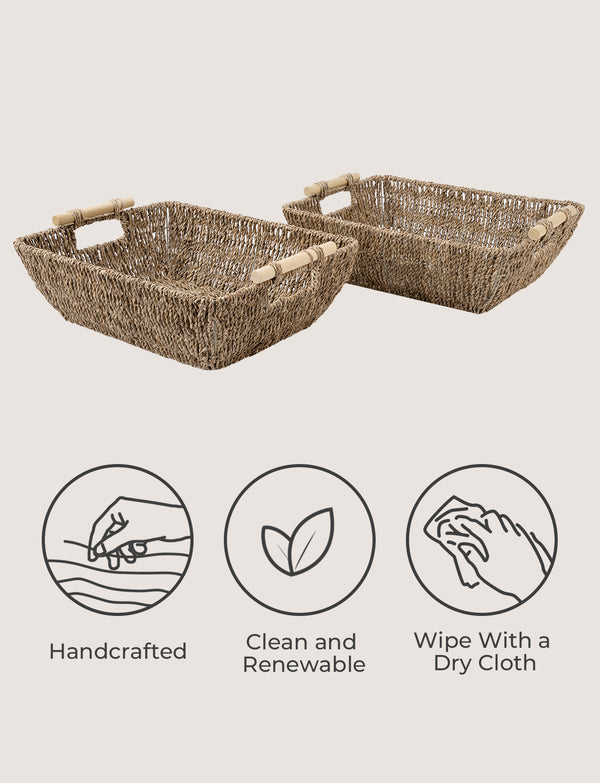 Woven Seagrass Basket with Wooden Handles, 2 Pack