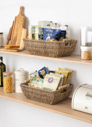 Wicker Basket for Organizing, Basket with Wooden Handles, 2 Pack