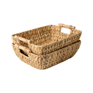 Woven Water Hyacinth Basket with Wooden Handles, 2 Pack