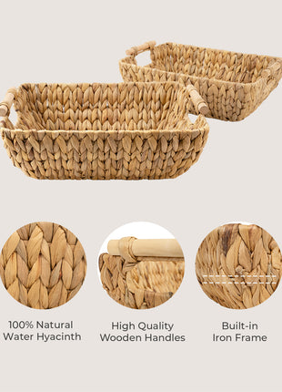 Wicker Basket for Organizing, Basket with Wooden Handles, 2 Pack