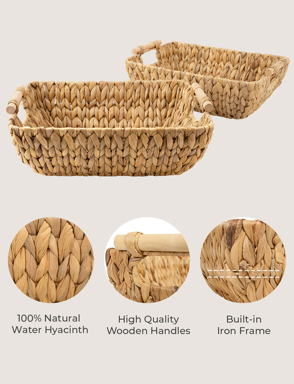 Woven Water Hyacinth Basket with Wooden Handles, 2 Pack