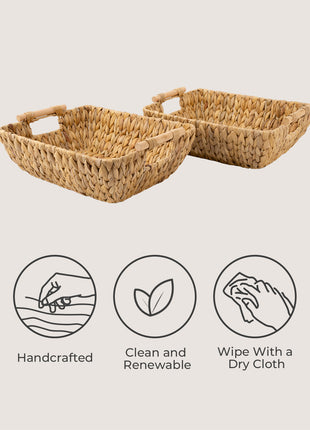 Wicker Basket for Organizing, Basket with Wooden Handles, 2 Pack