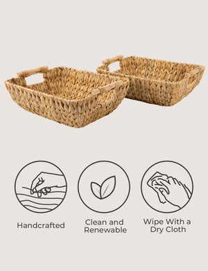 Woven Water Hyacinth Basket with Wooden Handles, 2 Pack