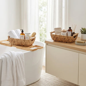 Woven Water Hyacinth Basket with Wooden Handles, 2 Pack