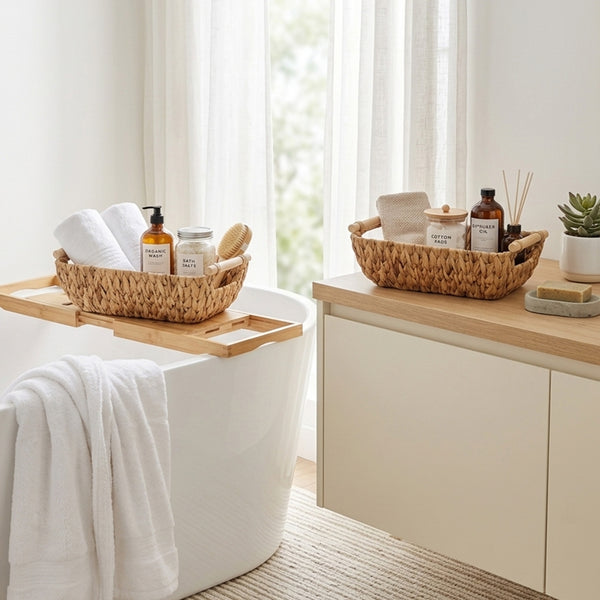 Woven Water Hyacinth Basket with Wooden Handles, 2 Pack