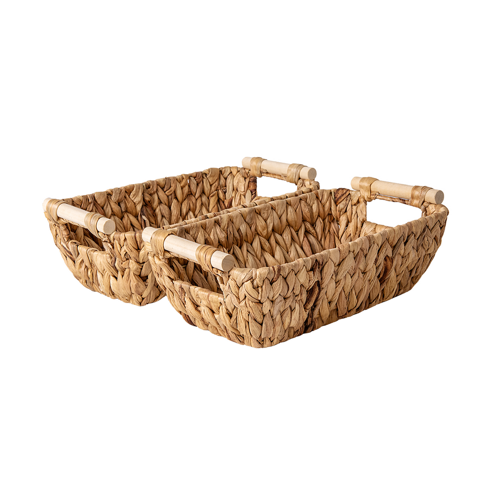 Woven Water Hyacinth Basket with Wooden Handles, 2 Pack