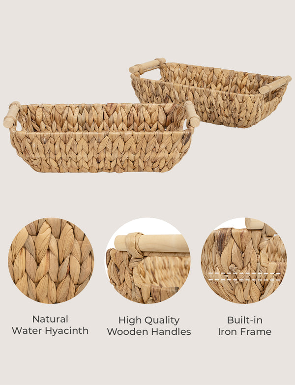Woven Water Hyacinth Basket with Wooden Handles, 2 Pack