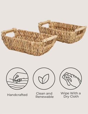 Woven Water Hyacinth Basket with Wooden Handles, 2 Pack